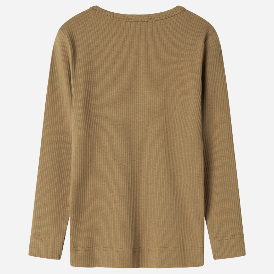 Sold at Bombon shop, designed by MarMar Copenhagen — caramel ribbed organic cotton long-sleeve baby top with buttoned neckline, part of a matching set.