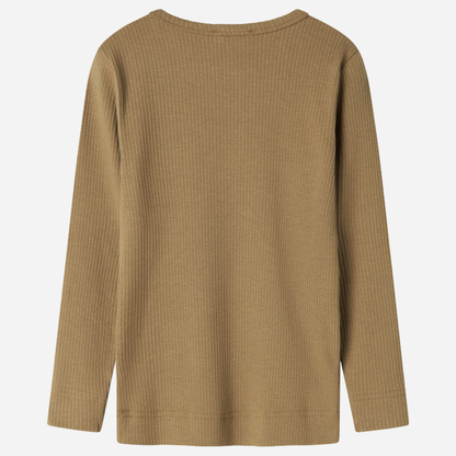 Sold at Bombon shop, designed by MarMar Copenhagen — caramel ribbed organic cotton long-sleeve baby top with buttoned neckline, part of a matching set.