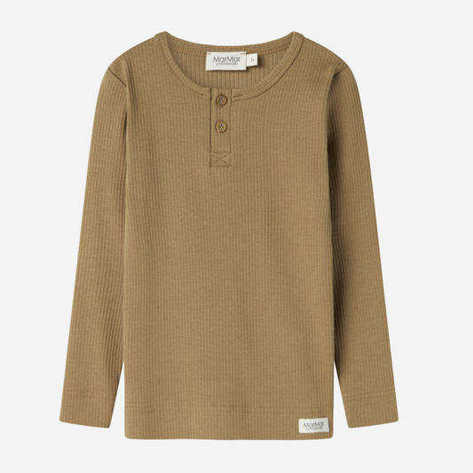 Sold at Bombon shop, designed by MarMar Copenhagen — caramel ribbed organic cotton long-sleeve baby top with buttoned neckline, part of a matching set.