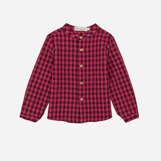Sold at Bombon shop, designed by Fina Ejerique, a burgundy and black checkered cotton shirt with wooden buttons and long sleeves, styled to pair with the burgundy dog sweater. front