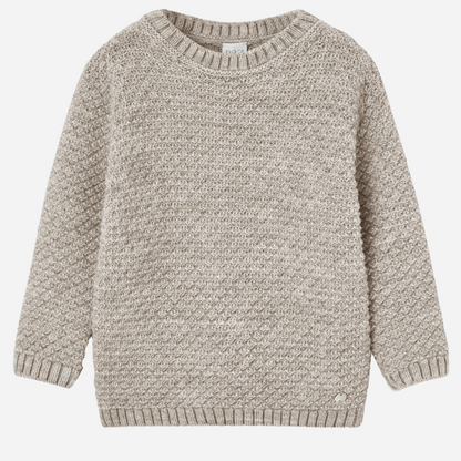 Sold at Bombon shop, designed by Paz Rodriguez, beige knit sweater with textured weave and ribbed collar, cuffs, and hem.