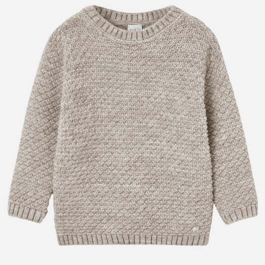 Sold at Bombon shop, designed by Paz Rodriguez, beige knit sweater with textured weave and ribbed collar, cuffs, and hem.