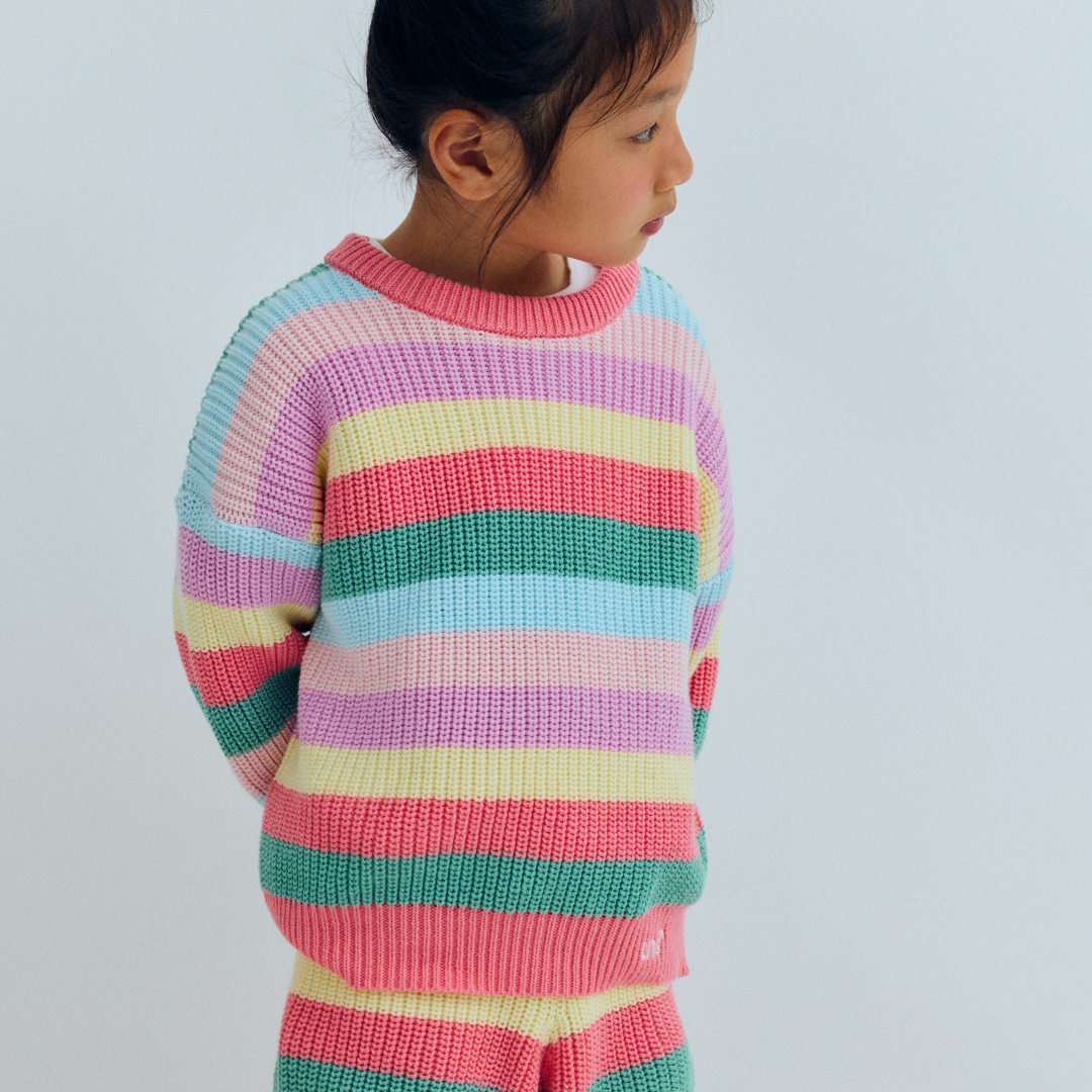 sold at Bombon, designed by The New Society kids jumper in flamingo pink multicolor stripes in 100% organic cotton matching shorts and sibling set