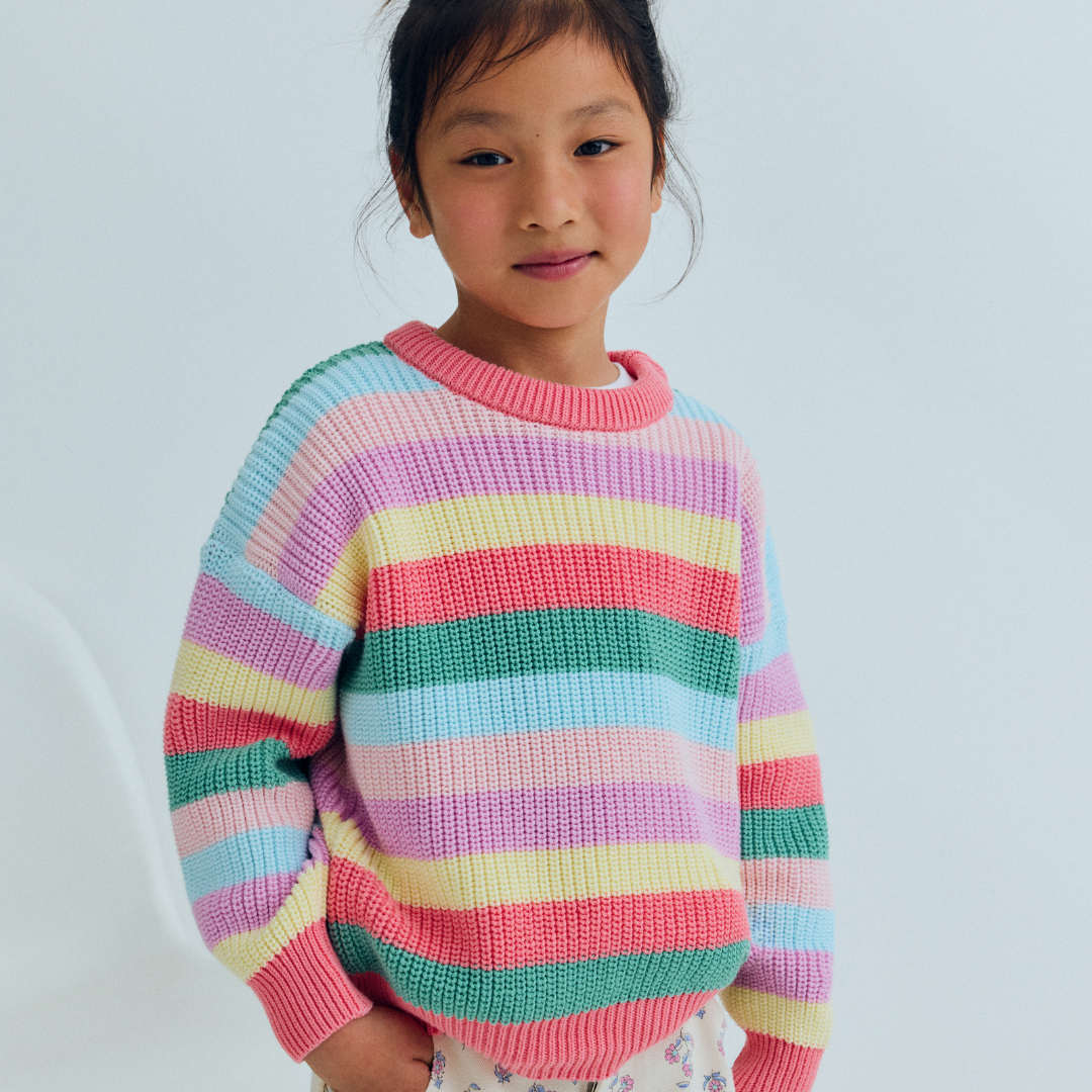 sold at Bombon, designed by The New Society kids jumper in flamingo pink multicolor stripes in 100% organic cotton matching shorts and sibling set