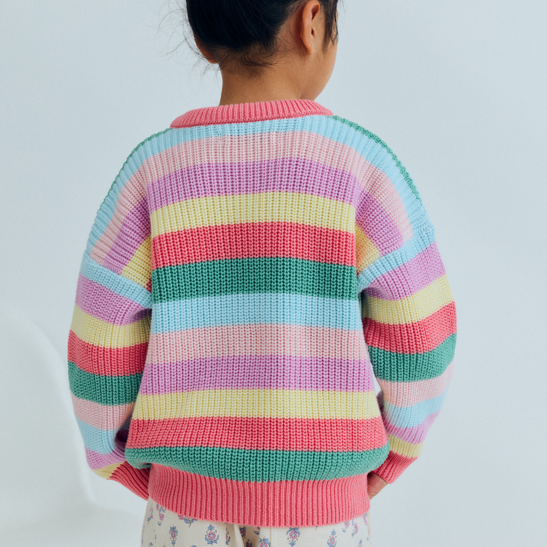 sold at Bombon, designed by The New Society kids jumper in flamingo pink multicolor stripes in 100% organic cotton matching shorts and sibling set