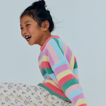 sold at Bombon, designed by The New Society kids jumper in flamingo pink multicolor stripes in 100% organic cotton matching shorts and sibling set
