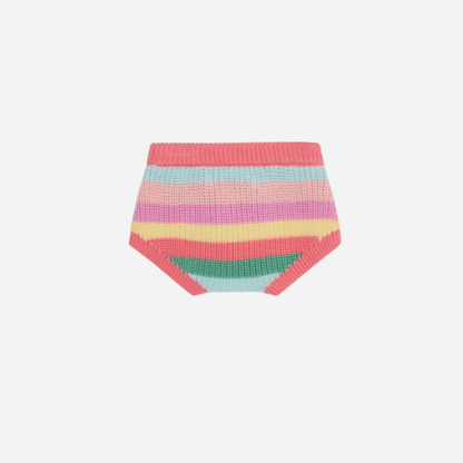 sold at Bombon, designed by The New Society baby two-piece set in flamingo pink multicolor stripes in 100% organic cotton matching sibling look