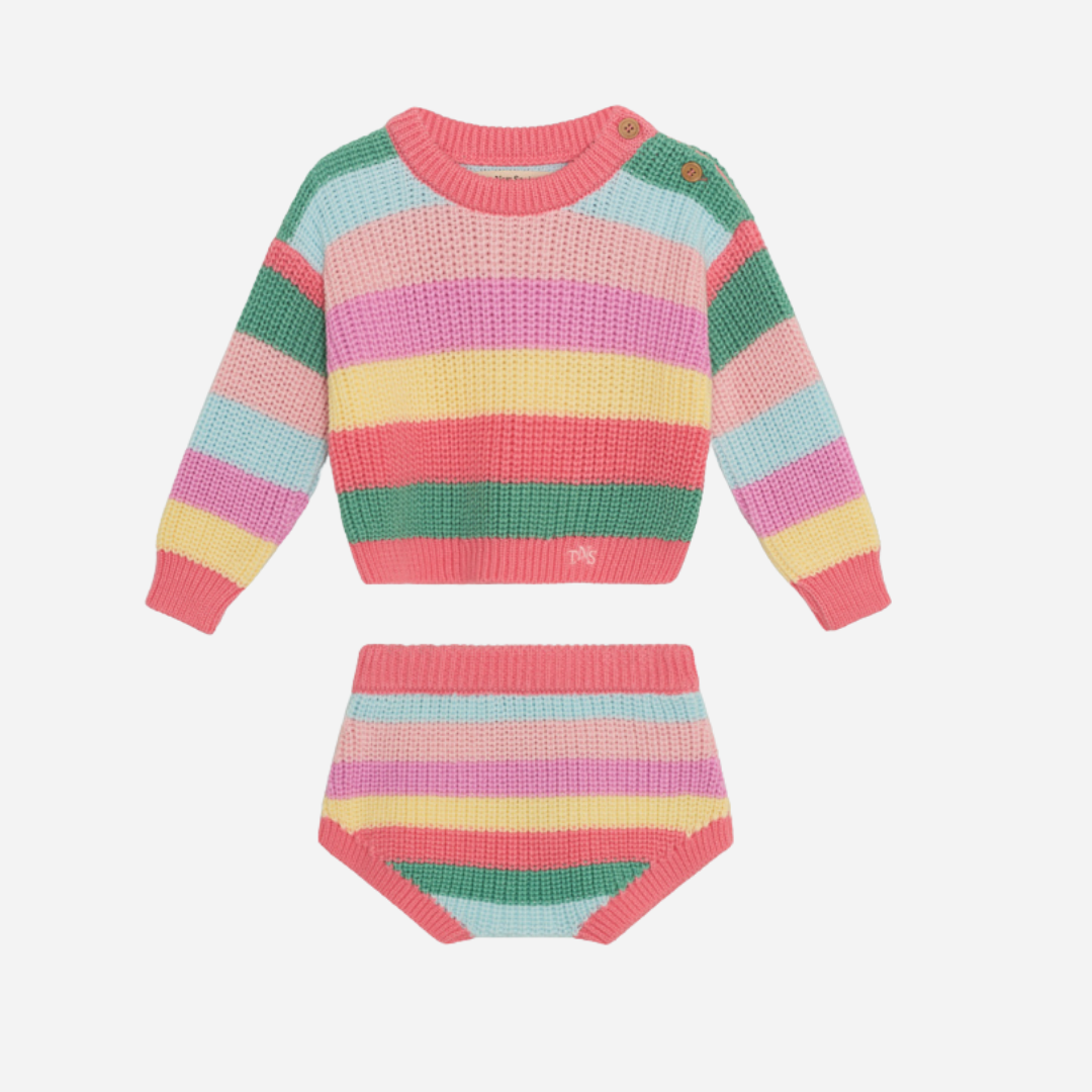 sold at Bombon, designed by The New Society baby two-piece set in flamingo pink multicolor stripes in 100% organic cotton matching sibling look