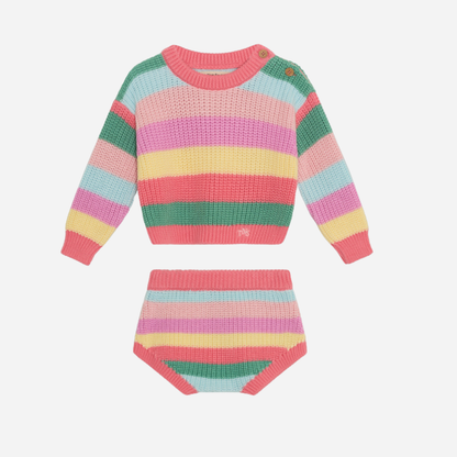 sold at Bombon, designed by The New Society baby two-piece set in flamingo pink multicolor stripes in 100% organic cotton matching sibling look