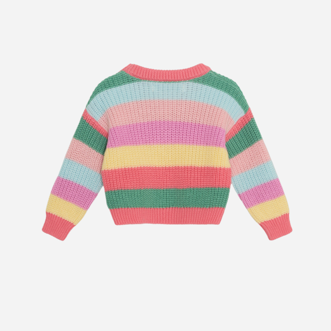 sold at Bombon, designed by The New Society kids jumper in flamingo pink multicolor stripes in 100% organic cotton matching shorts and sibling set