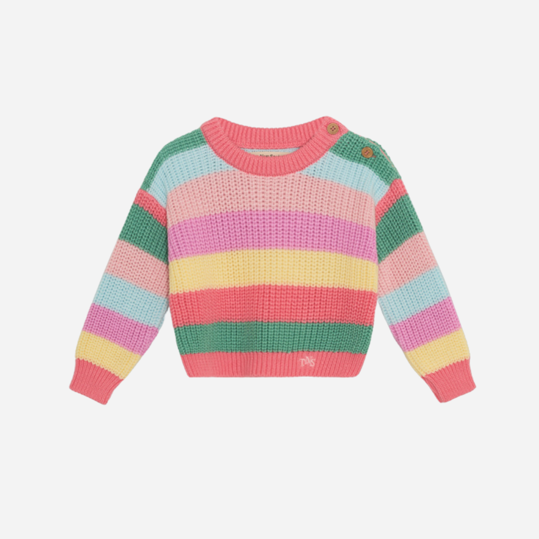 sold at Bombon, designed by The New Society baby two-piece set in flamingo pink multicolor stripes in 100% organic cotton matching sibling look