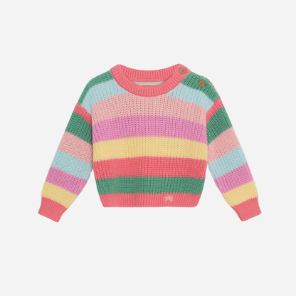 sold at Bombon, designed by The New Society kids jumper in flamingo pink multicolor stripes in 100% organic cotton matching shorts and sibling set