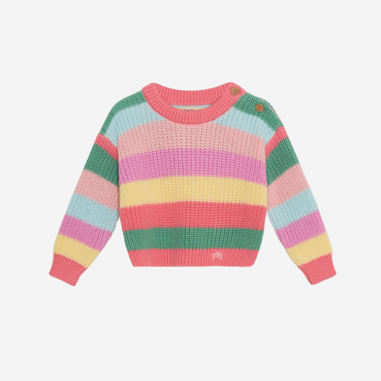 sold at Bombon, designed by The New Society kids jumper in flamingo pink multicolor stripes in 100% organic cotton matching shorts and sibling set