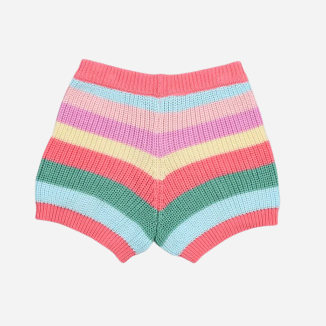 sold at Bombon, designed by The New Society kids shorts in flamingo pink multicolor stripes in 100% organic cotton elastic waist matching jumper and sibling outfit