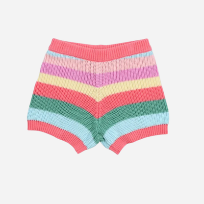 sold at Bombon, designed by The New Society kids shorts in flamingo pink multicolor stripes in 100% organic cotton elastic waist matching jumper and sibling outfit