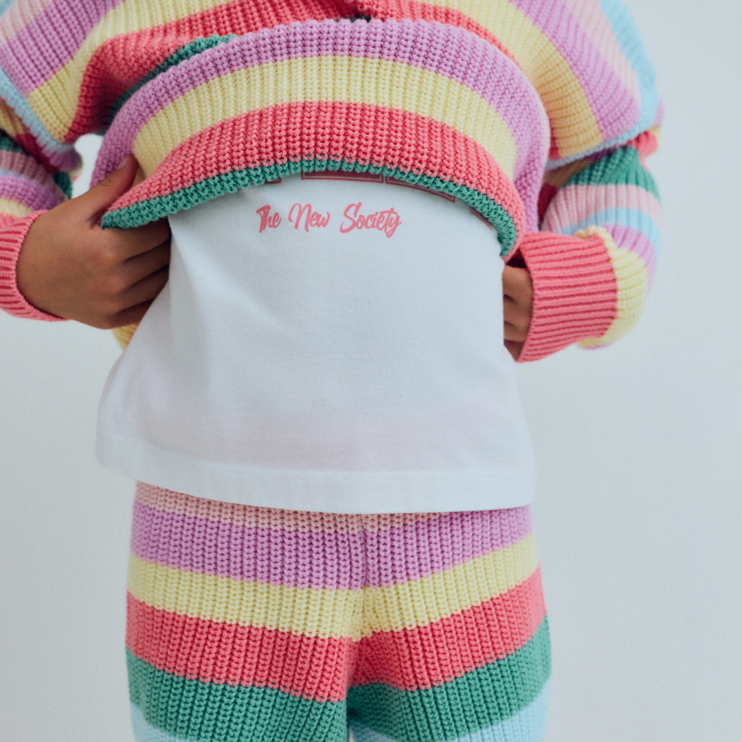 sold at Bombon, designed by The New Society kids shorts in flamingo pink multicolor stripes in 100% organic cotton elastic waist matching jumper and sibling outfit