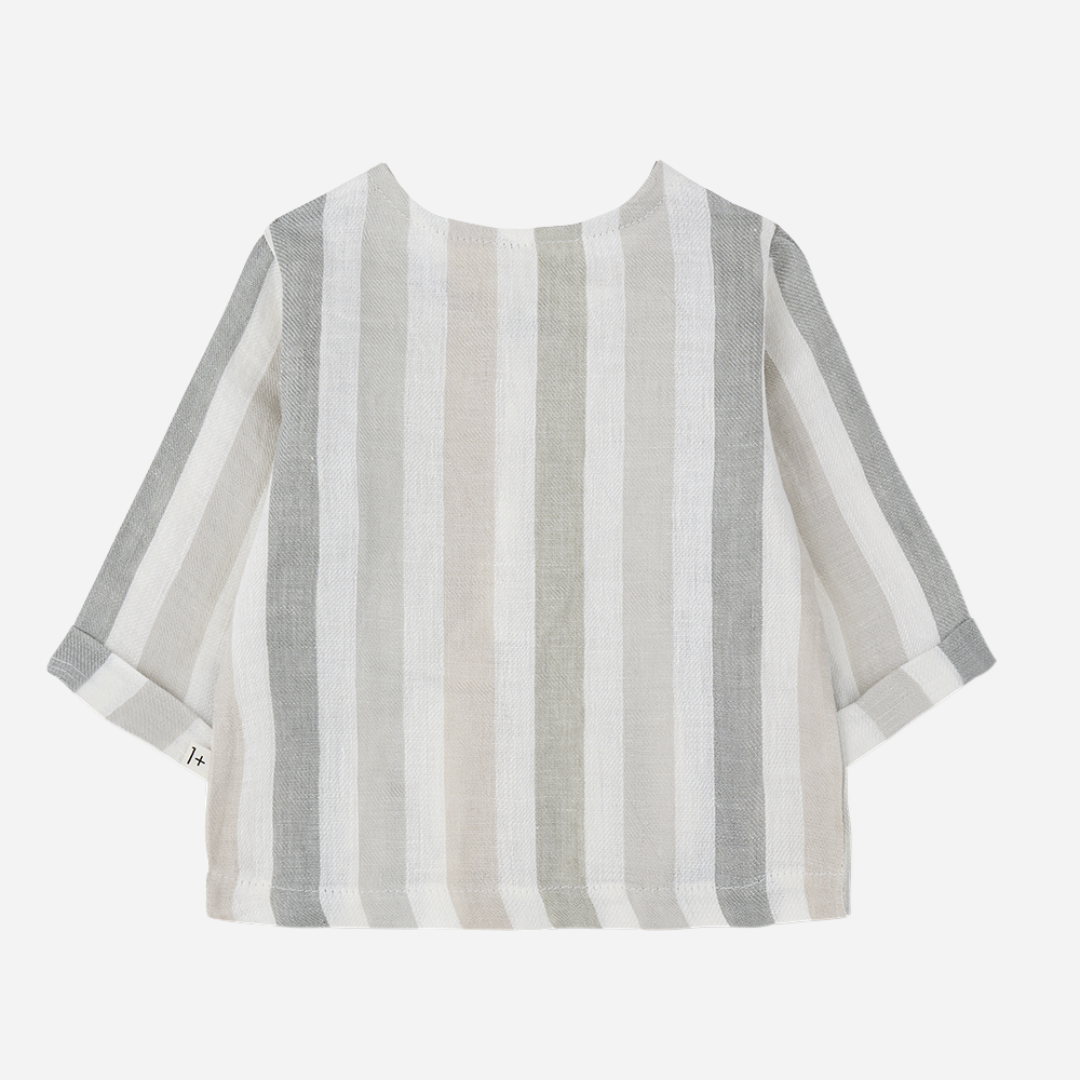 Sold at Bombon Shop, designed by 1+ in the family, beige striped baby shirt with lightweight cotton fabric and relaxed summer fit.