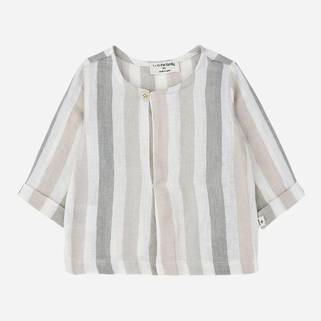 Sold at Bombon Shop, designed by 1+ in the family, beige striped baby shirt with lightweight cotton fabric and relaxed summer fit.