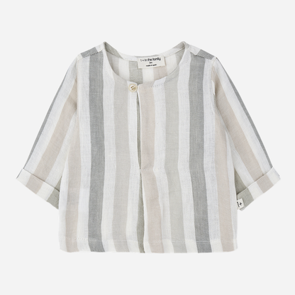 Sold at Bombon Shop, designed by 1+ in the family, beige striped baby shirt with lightweight cotton fabric and relaxed summer fit.