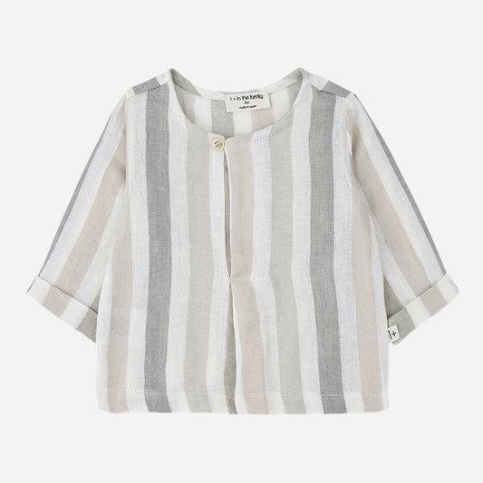 Sold at Bombon Shop, designed by 1+ in the family, beige striped baby shirt with lightweight cotton fabric and relaxed summer fit.