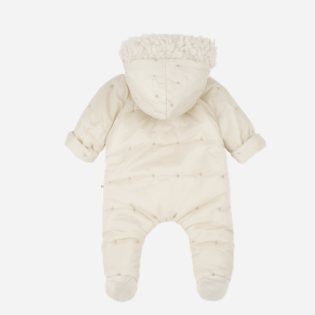 Sold at Bombon shop, designed by 1+ in the family — ecru padded baby snowsuit with star quilting, sherpa-lined hood, and front button closures, displayed flat on a white background. back