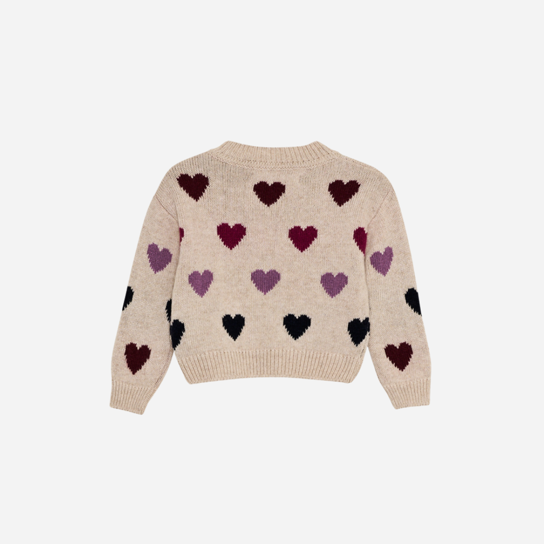 Sold at Bombon Shop, this baby girl cardigan by The New Society features a soft beige knit with multicolor heart motifs and front button closure. back