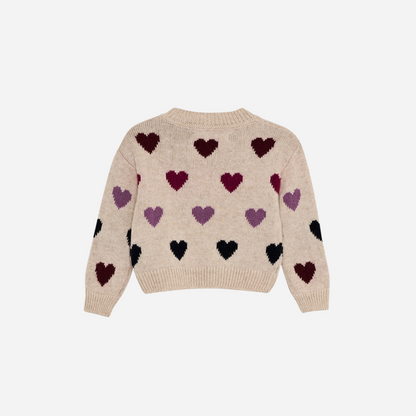 Sold at Bombon Shop, this baby girl cardigan by The New Society features a soft beige knit with multicolor heart motifs and front button closure. back