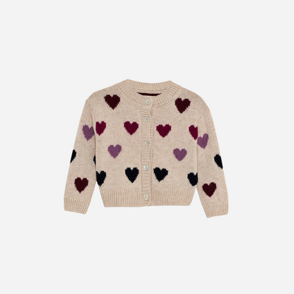 Sold at Bombon Shop, this baby girl cardigan by The New Society features a soft beige knit with multicolor heart motifs and front button closure. front