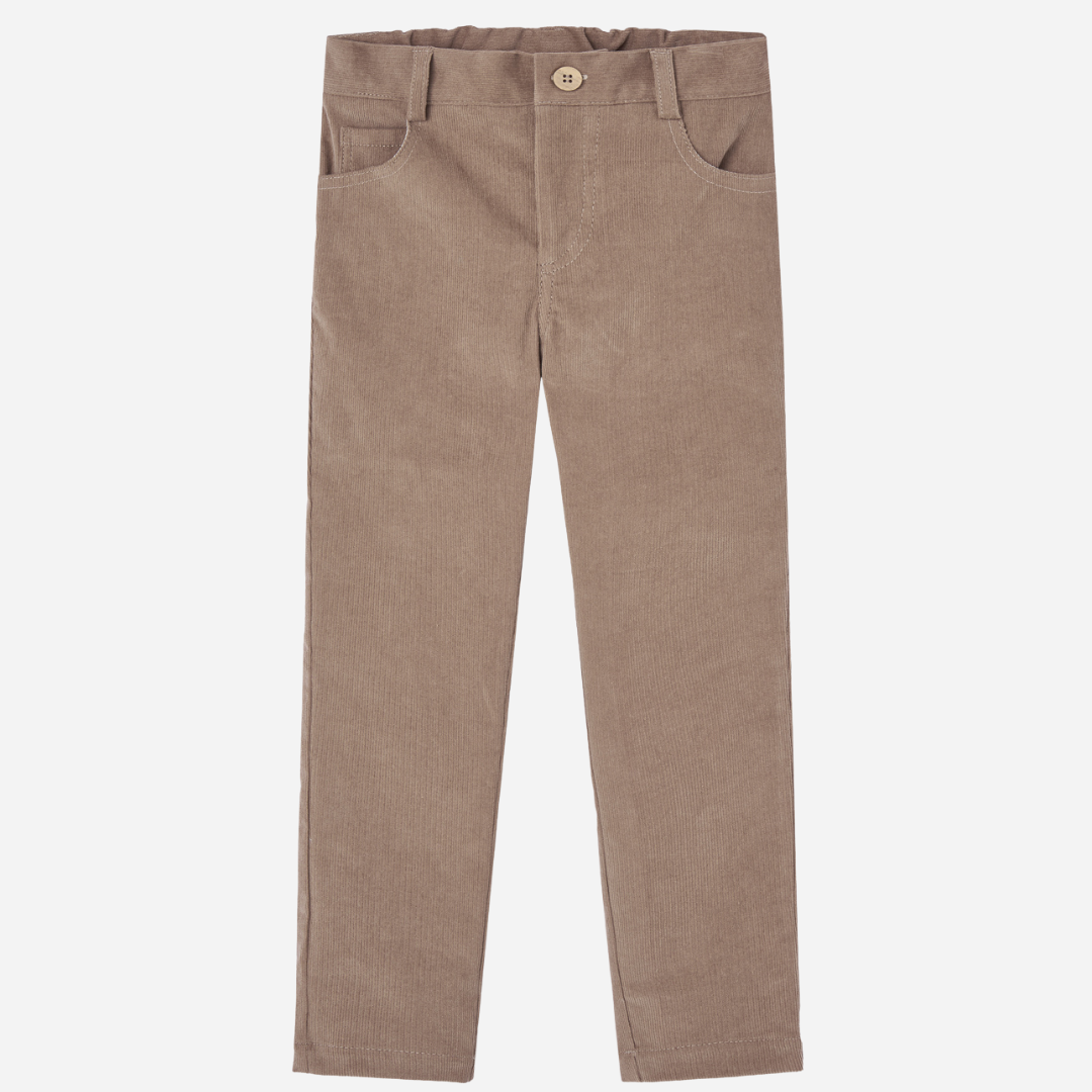 Sold at Bombon shop, designed by Paz Rodriguez: front view of children's taupe corduroy pants with elastic waistband and front button.