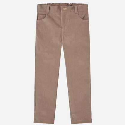 Sold at Bombon shop, designed by Paz Rodriguez: front view of children's taupe corduroy pants with elastic waistband and front button.