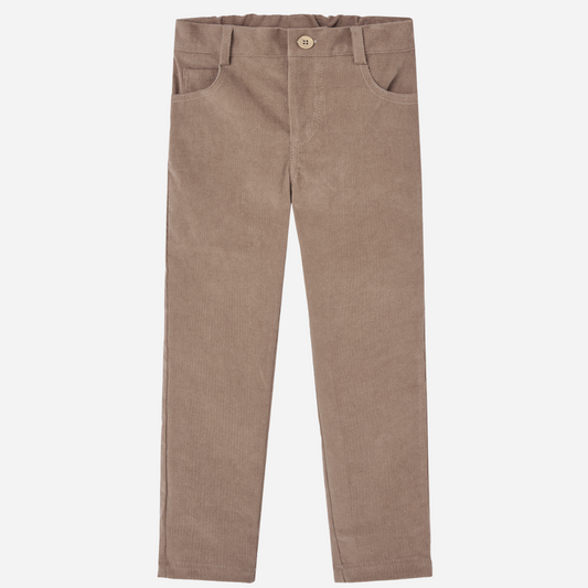 Sold at Bombon shop, designed by Paz Rodriguez: front view of children's taupe corduroy pants with elastic waistband and front button.