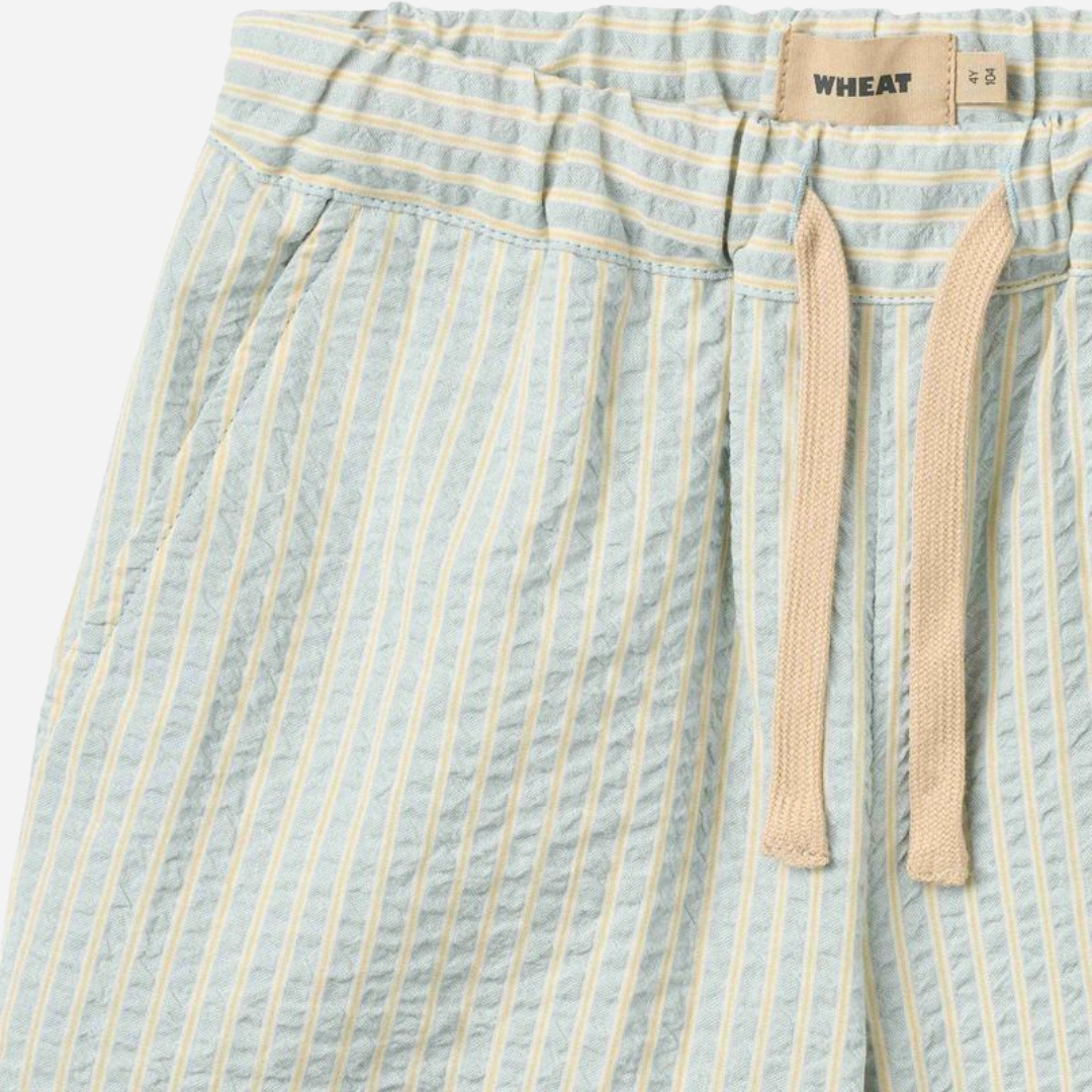 Sold at Bombon Shop, designed by Wheat, summer sky stripe organic cotton kids shorts with elastic waistband and soft blue vertical stripes.