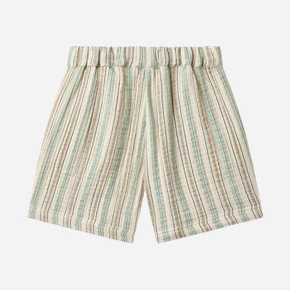 Sold at Bombon Shop, designed by Wheat, summer stripe organic cotton kids shorts with vertical striped pattern and elastic waistband.