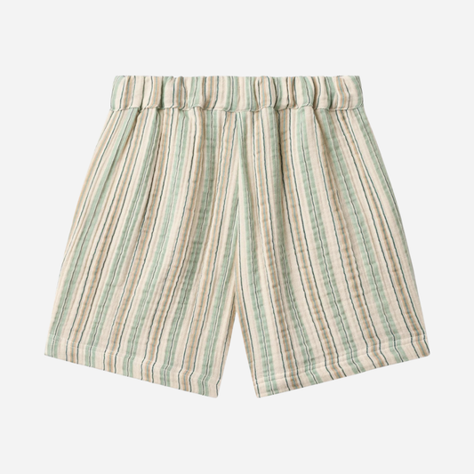 Sold at Bombon Shop, designed by Wheat, summer stripe organic cotton kids shorts with vertical striped pattern and elastic waistband.