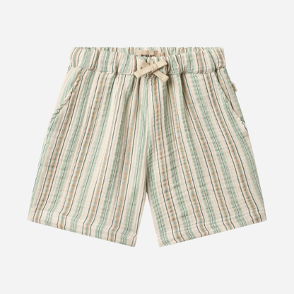 Sold at Bombon Shop, designed by Wheat, summer stripe organic cotton kids shorts with vertical striped pattern and elastic waistband.