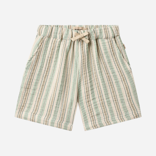Sold at Bombon Shop, designed by Wheat, summer stripe organic cotton kids shorts with vertical striped pattern and elastic waistband.