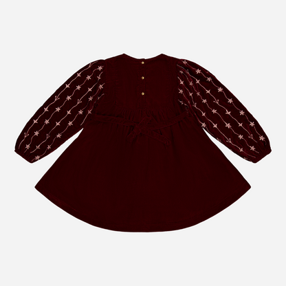 sold at Bombon shop, designed by Bachaa Paris, Dress, Velvet in Burgundy color, Plain lining in organic cotton voile, Fully hand embroidered sleeves with a golden thread, Smocked front, Gathered at the front and back, Golden buttons at the back. back view