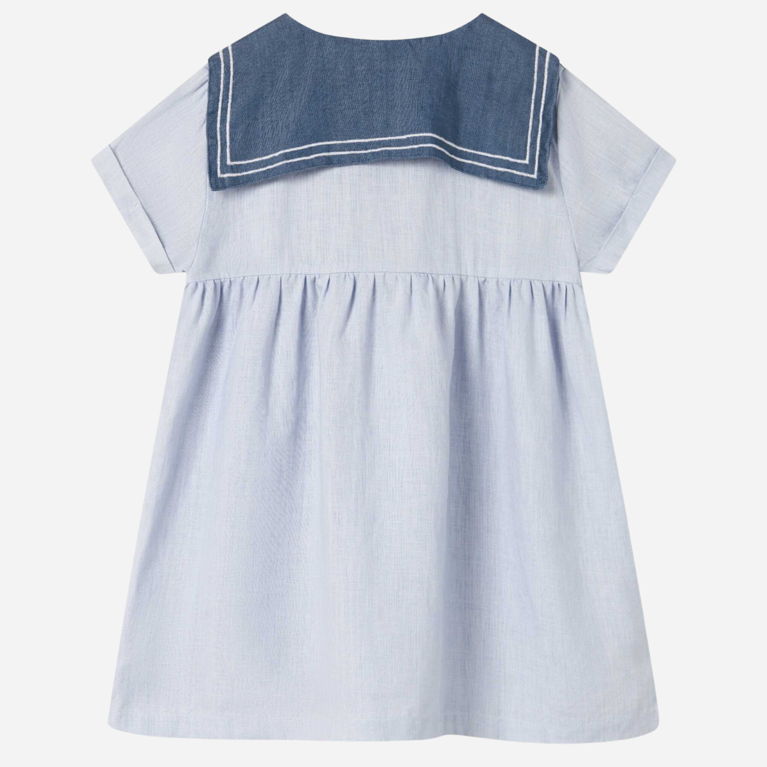 Sold at Bombon shop, designed by Mar Mar Copenhagen, Daki baby dress in Blue Mist linen with sailor collar