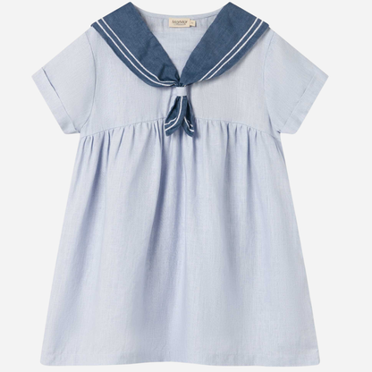 Sold at Bombon shop, designed by Mar Mar Copenhagen, Daki baby dress in Blue Mist linen with sailor collar