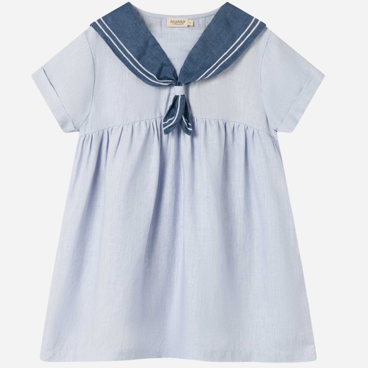 Sold at Bombon shop, designed by Mar Mar Copenhagen, Daki baby dress in Blue Mist linen with sailor collar