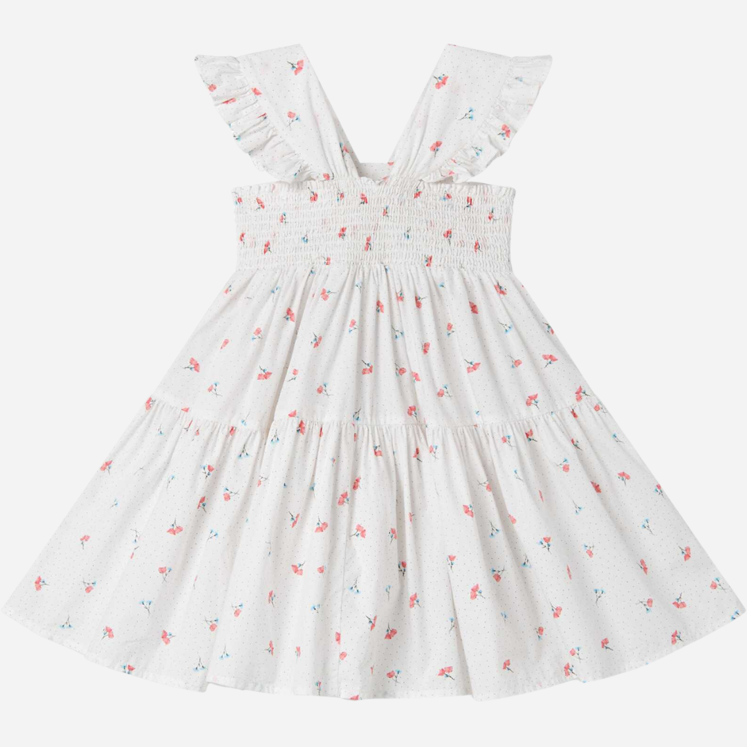 Sold at Bombon shop, designed by Mar Mar Copenhagen, Dalani children’s dress in Poppy print with ruffled straps