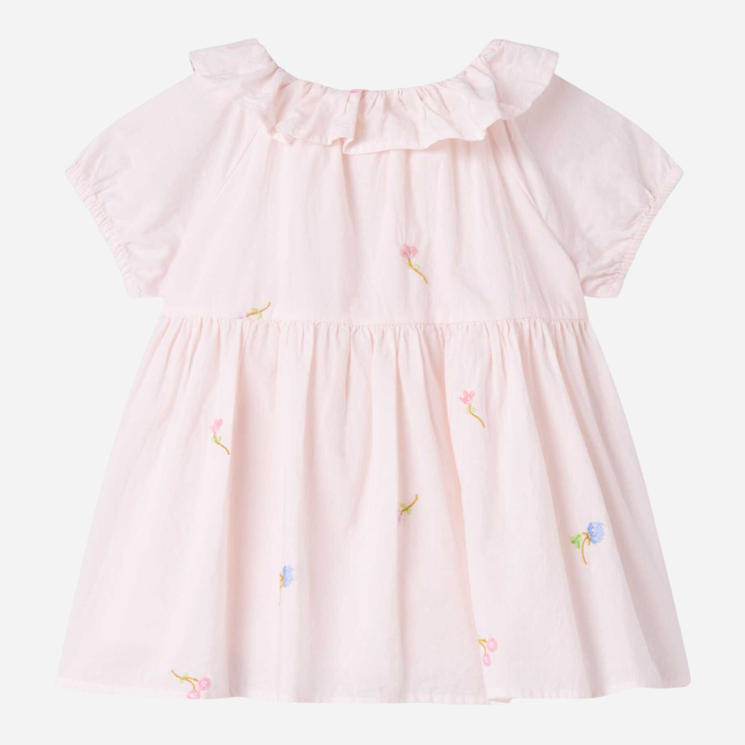 Sold at Bombon shop, designed by Mar Mar Copenhagen, Dalino baby dress in Summer Embroidery with ruffled collar
