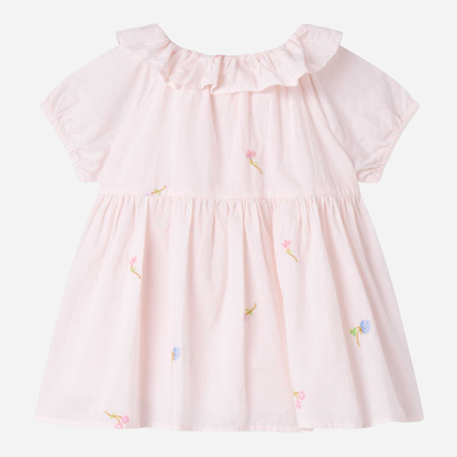 Sold at Bombon shop, designed by Mar Mar Copenhagen, Dalino baby dress in Summer Embroidery with ruffled collar