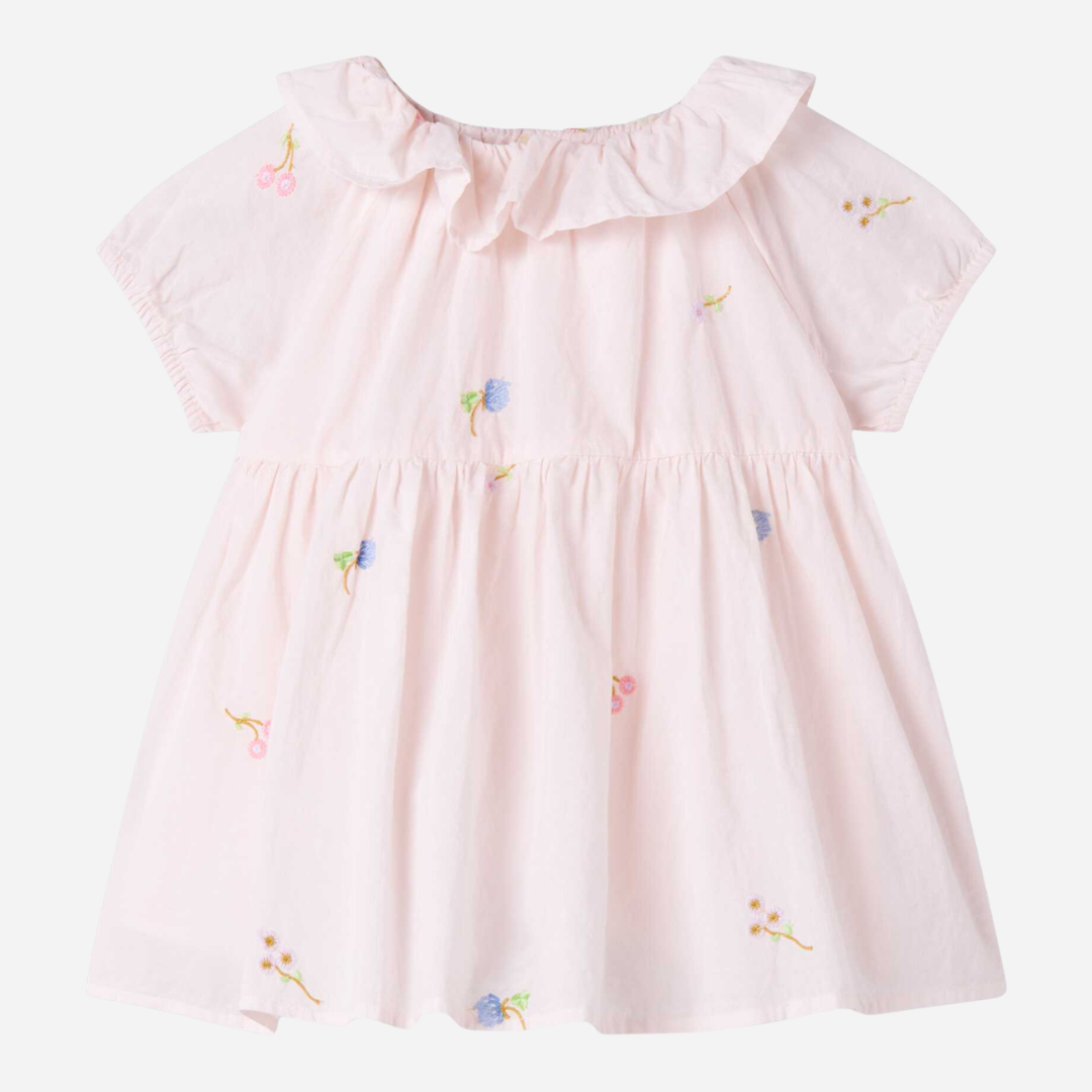 Sold at Bombon shop, designed by Mar Mar Copenhagen, Dalino baby dress in Summer Embroidery with ruffled collar