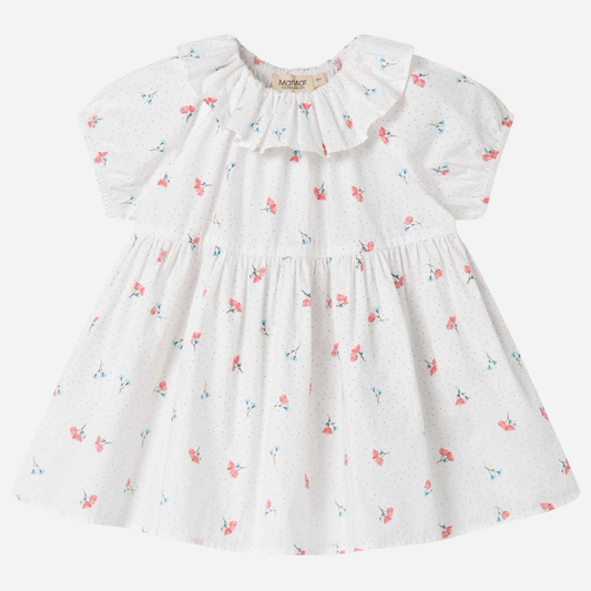 Sold at Bombon shop, designed by Mar Mar Copenhagen, Dalino baby dress in Poppy print with ruffled collar