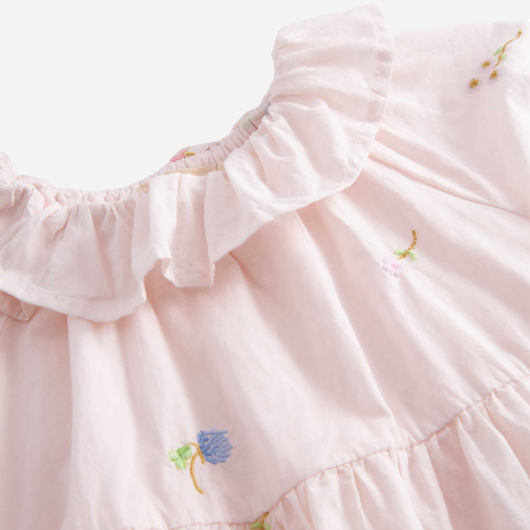Sold at Bombon shop, designed by Mar Mar Copenhagen, Dalino baby dress in Summer Embroidery with ruffled collar