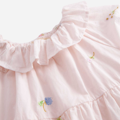 Sold at Bombon shop, designed by Mar Mar Copenhagen, Dalino baby dress in Summer Embroidery with ruffled collar