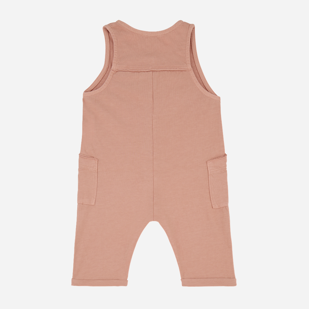 Sold at Bombon shop, designed by 1+ in the family brand, this coral jumpsuit for baby girls and toddlers is perfect for spring and summer. Back view