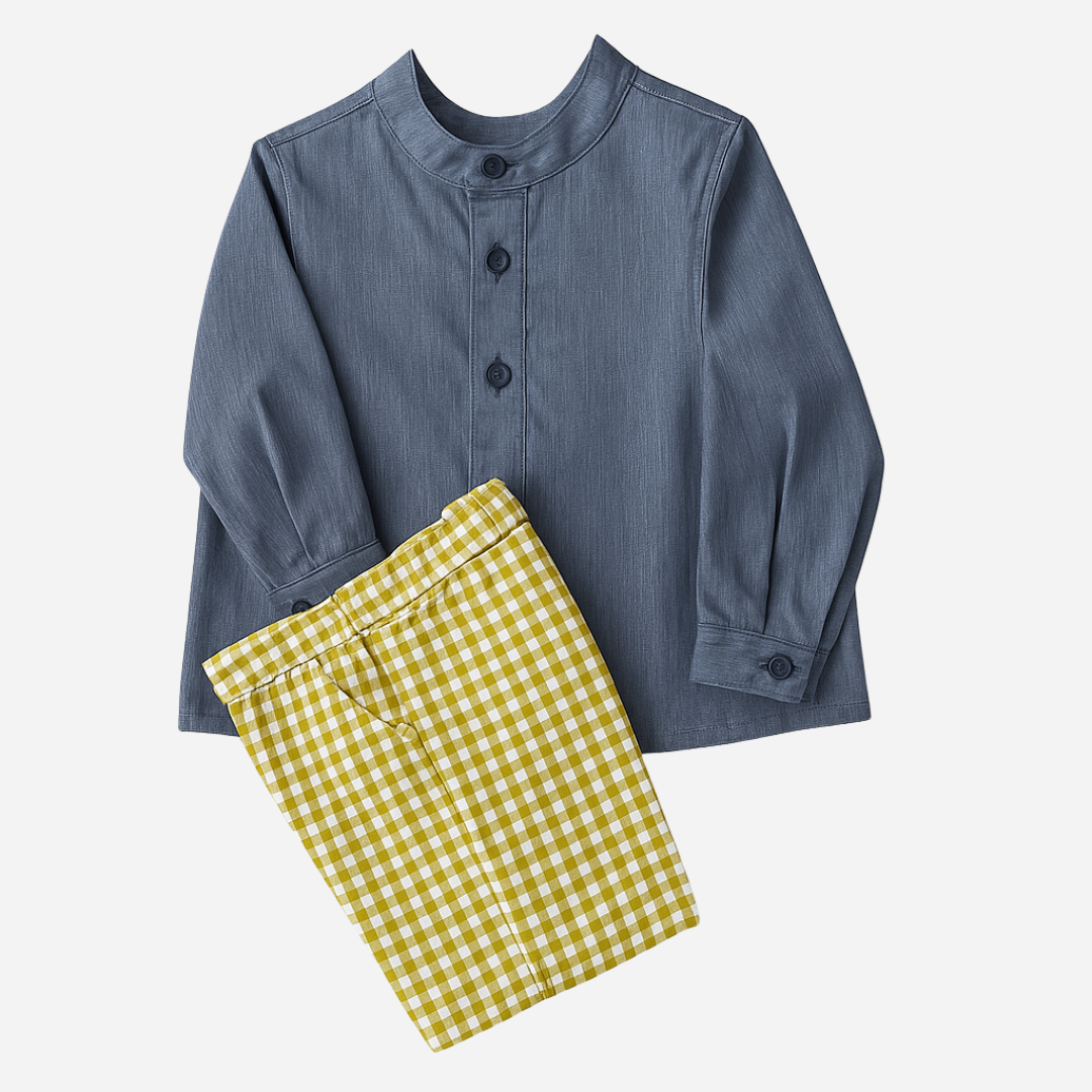 sold at Bombon shop, designed by Paloma de la O brand, this green vichy pattern short and denim top look for baby boys and toddlers is ideal for spring and summer. 