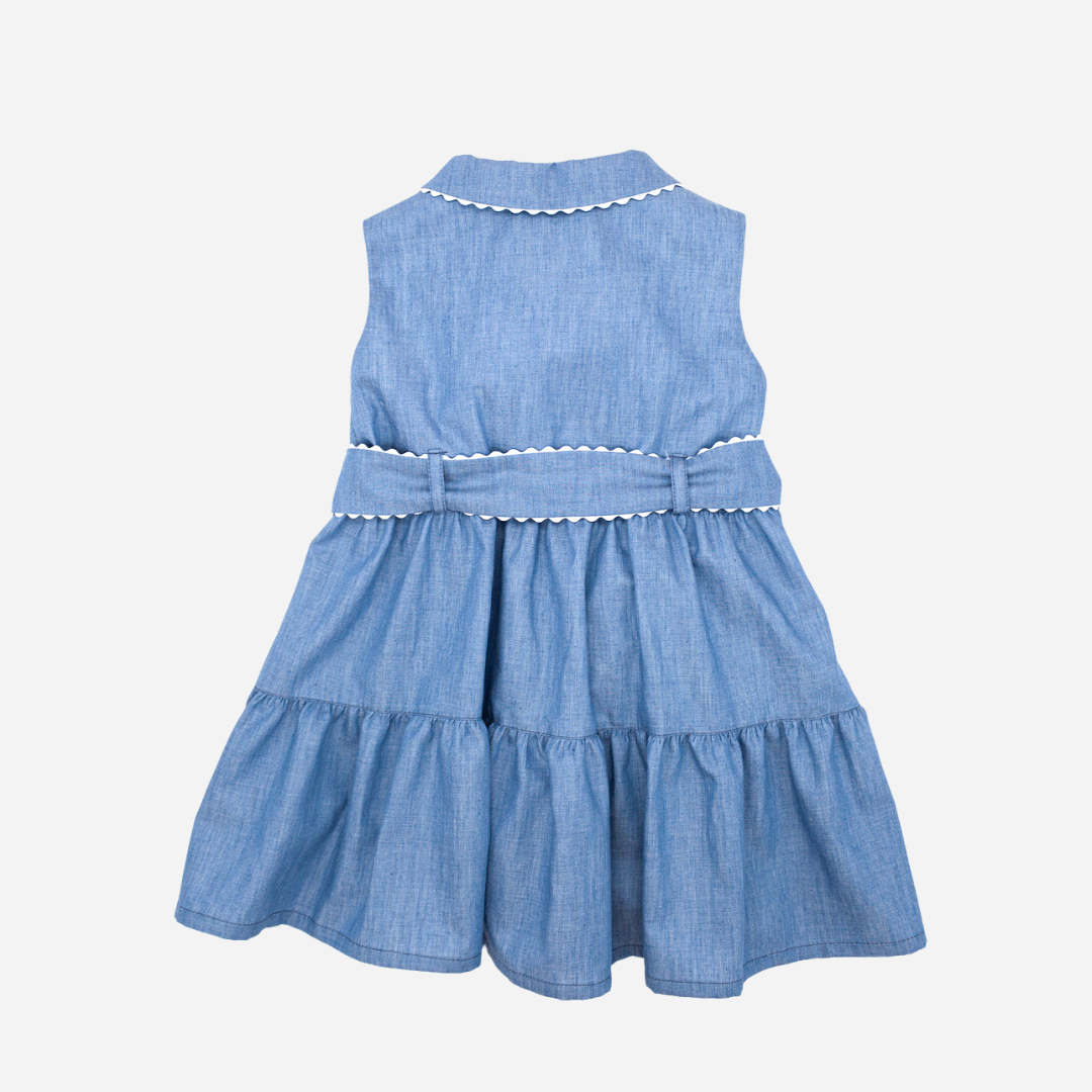 sold at Bombon shop, designed by Fina Ejerique brand, denim shirt dress for toddlers is perfect for spring and summer. back view